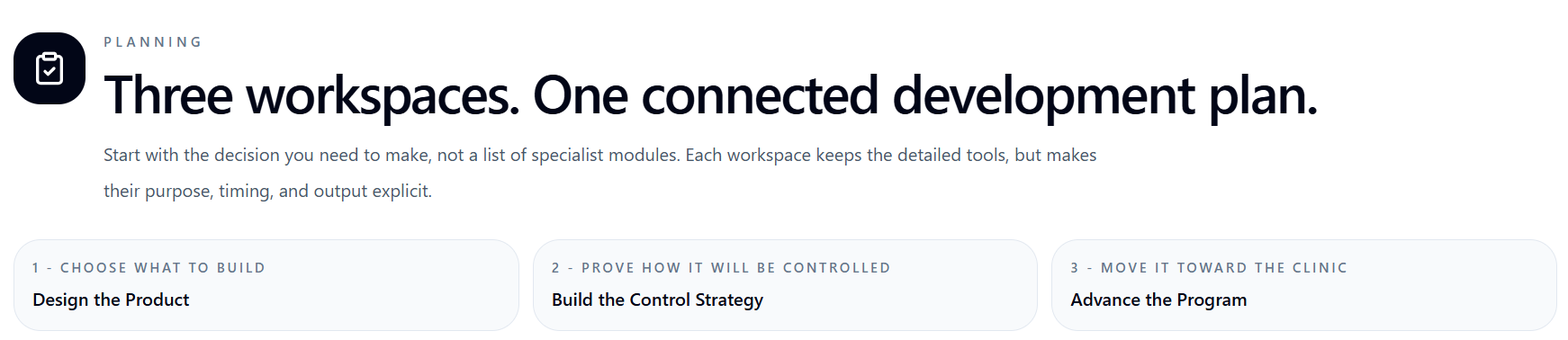 RNAOS planning workspaces for product design, control strategy and program advancement